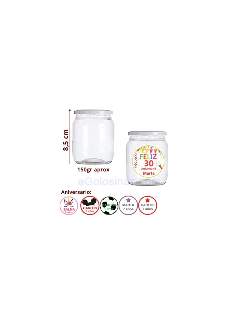 TARRO PLASTICO Y ETIQUETA DETALLE ANIVERSARIO