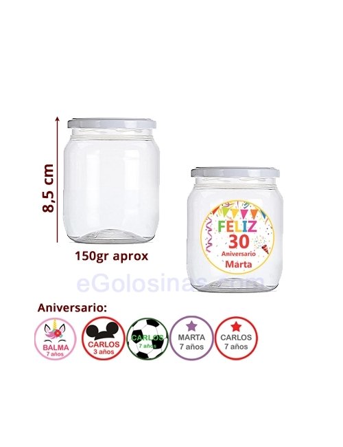 TARRO PLASTICO Y ETIQUETA DETALLE ANIVERSARIO