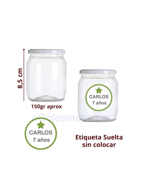TARRO PLASTICO Y ETIQUETA DETALLE ANIVERSARIO