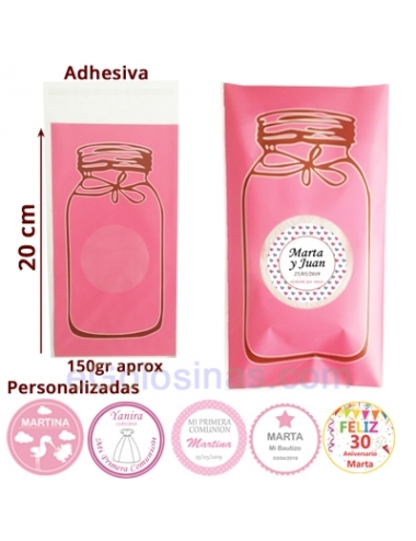 BOLSITA TARRO ROSA GRANDE y ETIQUETA personalizada
