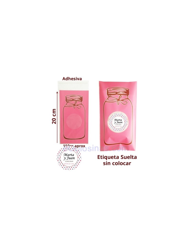 BOLSITA TARRO ROSA GRANDE y ETIQUETA personalizada