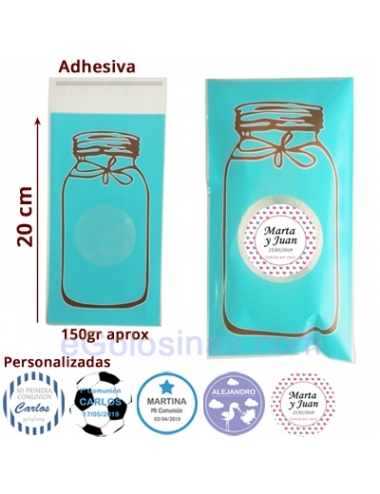 BOLSITA TARRO AZUL GRANDE y ETIQUETA personalizada