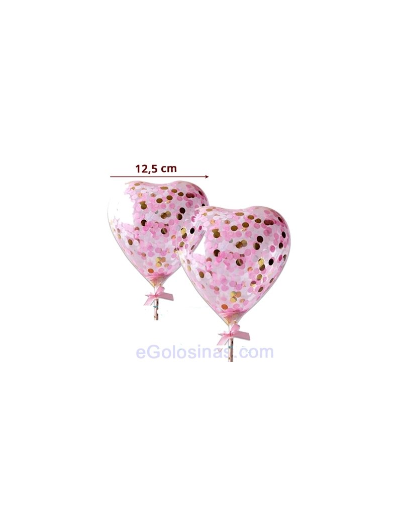 2 GLOBO CORAZON TRANSPARENTE CONFETTI ROSA