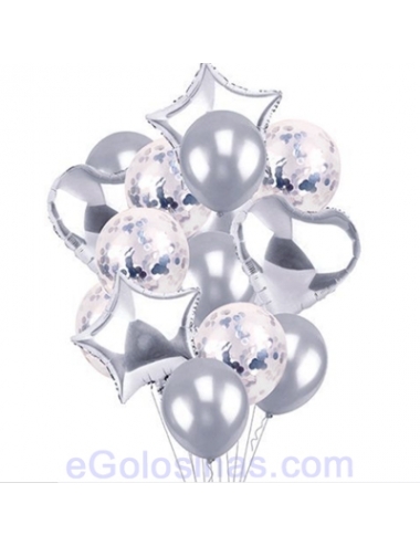 CONJUNTO 14 GLOBOS ESTRELLA, PLATA y CONFETTI