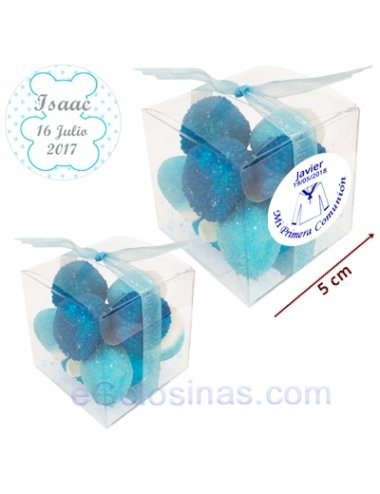 CAJA CHUCHES AZUL 65gr personalizada para Comuniones y Bautizos