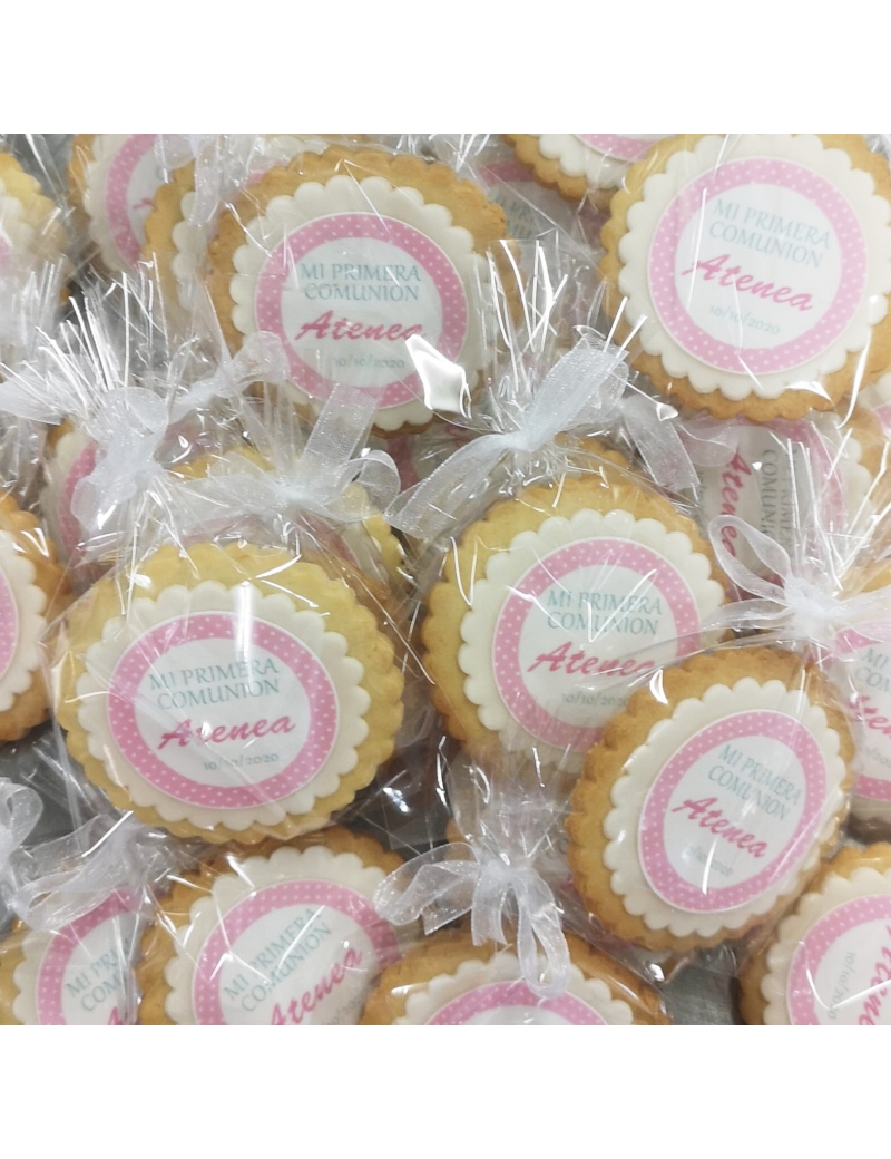 GALLETAS COMUNION NIÑA TOPOS ROSA personalizada