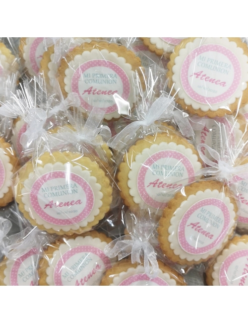 GALLETAS COMUNION NIÑA TOPOS ROSA personalizada